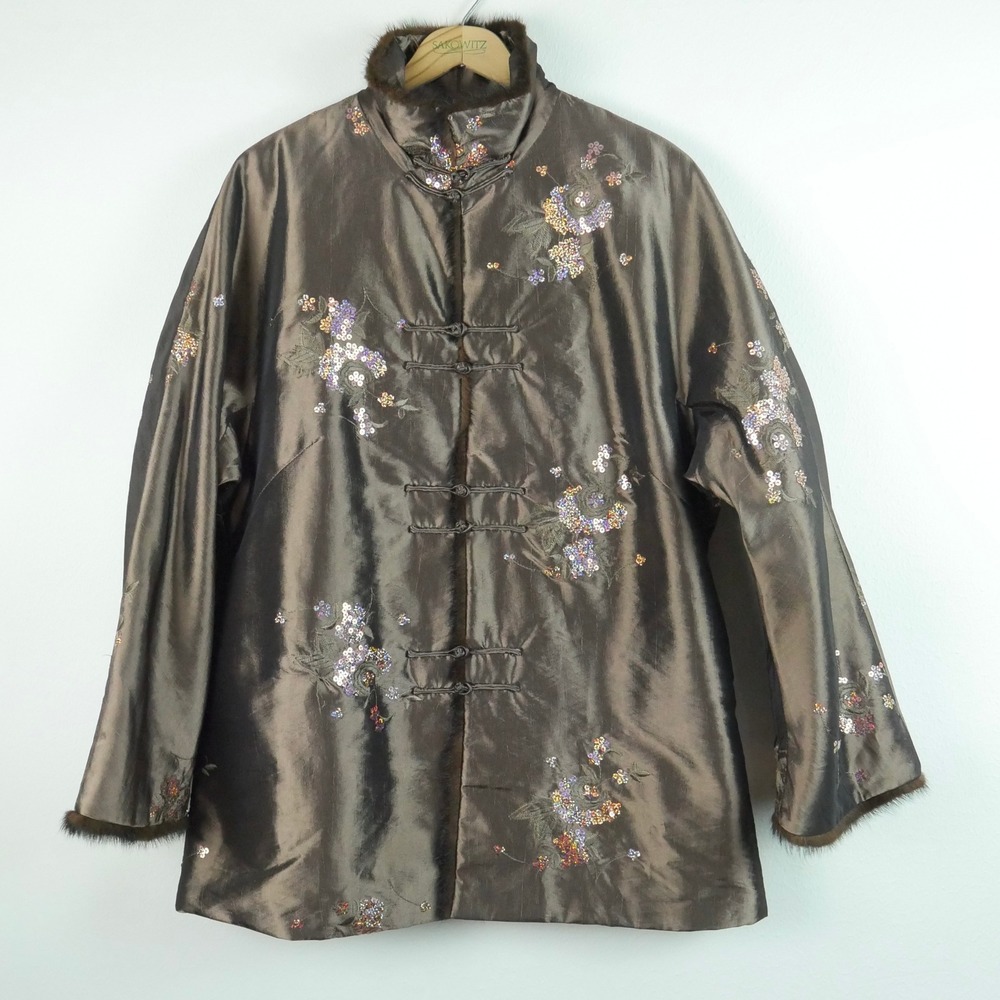 Grace Chuang Silk Embroidered Sequin Fur Trim Mandarin Jacket Art‎ to Wear 1XL